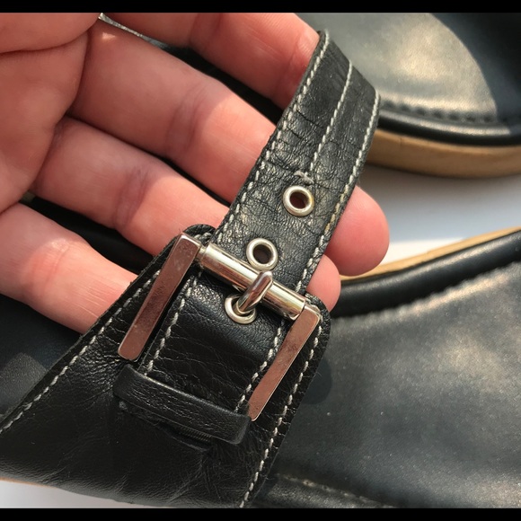 Unisa 9 black leather 2 strap 3.25” high wedge heel adjustable buckle sandals - Picture 6 of 8